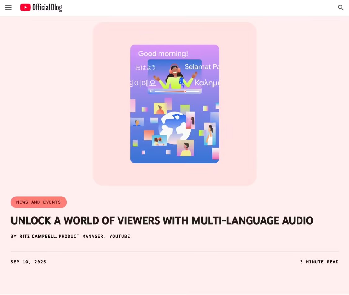 跨越语种障碍，YouTube 全面上线视频多语言配音功能