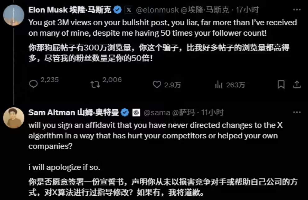指责苹果偏袒 ChatGPT 后,马斯克与 Altman 在网上互喷 指责苹果偏袒 ChatGPT 后,马斯克与 Altman 在网上互喷