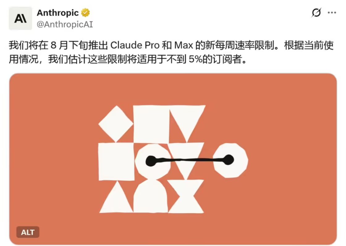 Anthropic 对 Claude Pro / Max 开出“限量令”:8 月 28 日起实施,影响不足 5% 订阅者 Anthropic 对 Claude Pro / Max 开出“限量令”:8 月 28 日起实施,影响不足 5% 订阅者