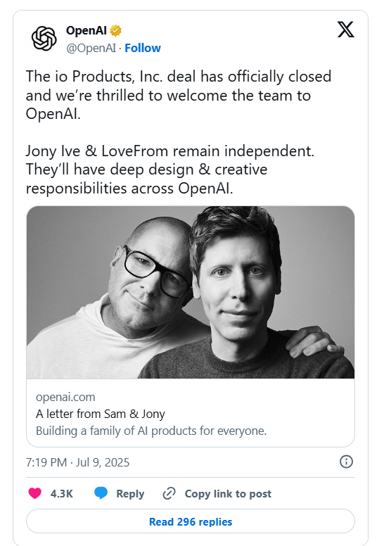OpenAI 迄今最大交易落地,65 亿美元完成收购前苹果首席设计师 Jony Ive 的初创公司 io OpenAI 迄今最大交易落地,65 亿美元完成收购前苹果首席设计师 Jony Ive 的初创公司 io