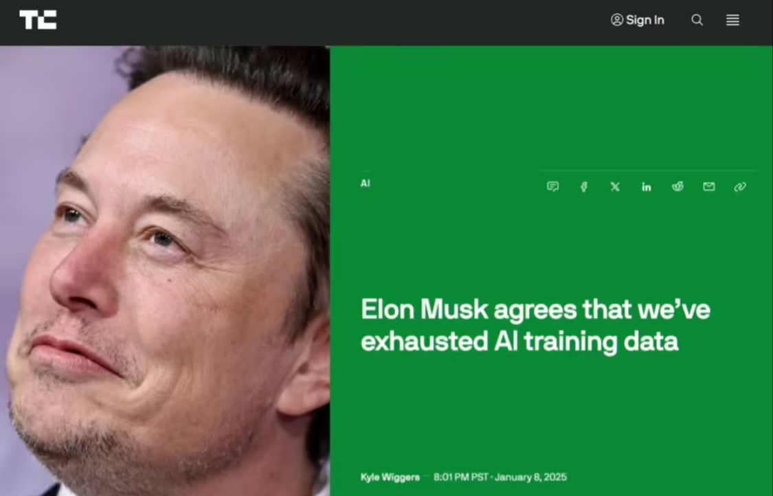 马斯克：现实世界中用于训练 AI 模型的数据已经所剩无几