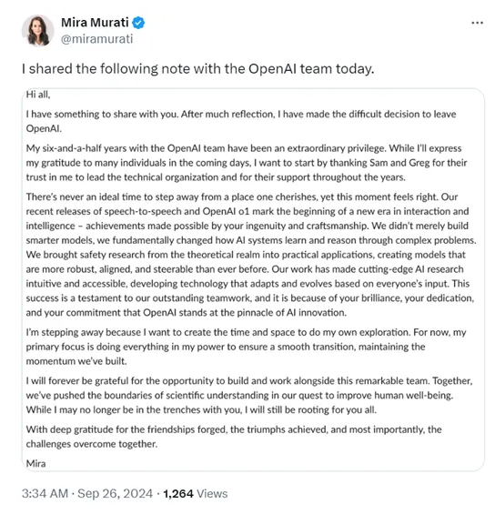 OpenAI再现高层人事变动，首席技术官Mira Murati宣布将离职