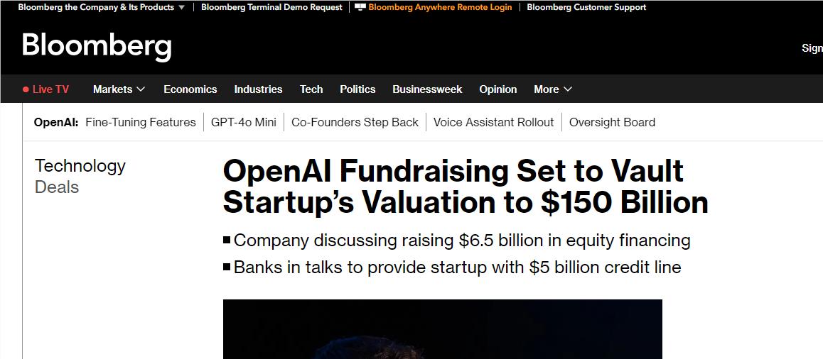 OpenAI 计划再融资65亿美元，估值飙升至 1500 亿美元