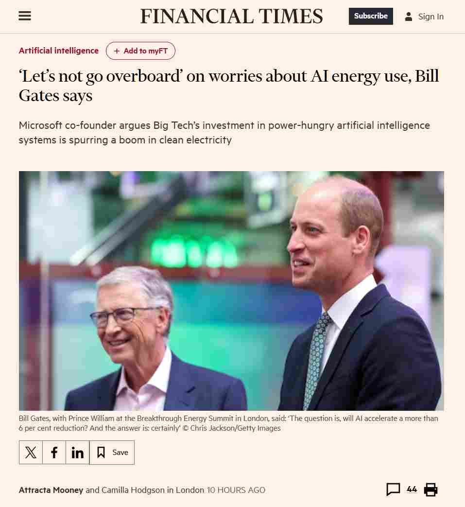 比尔・盖茨喊话环保人士：不要“过分担心”AI 用电问题