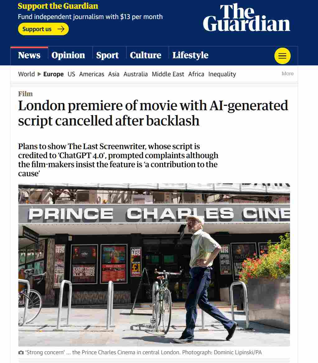 差评如潮，“首部”AI 制作电影《最后的编剧》首映式遭取消