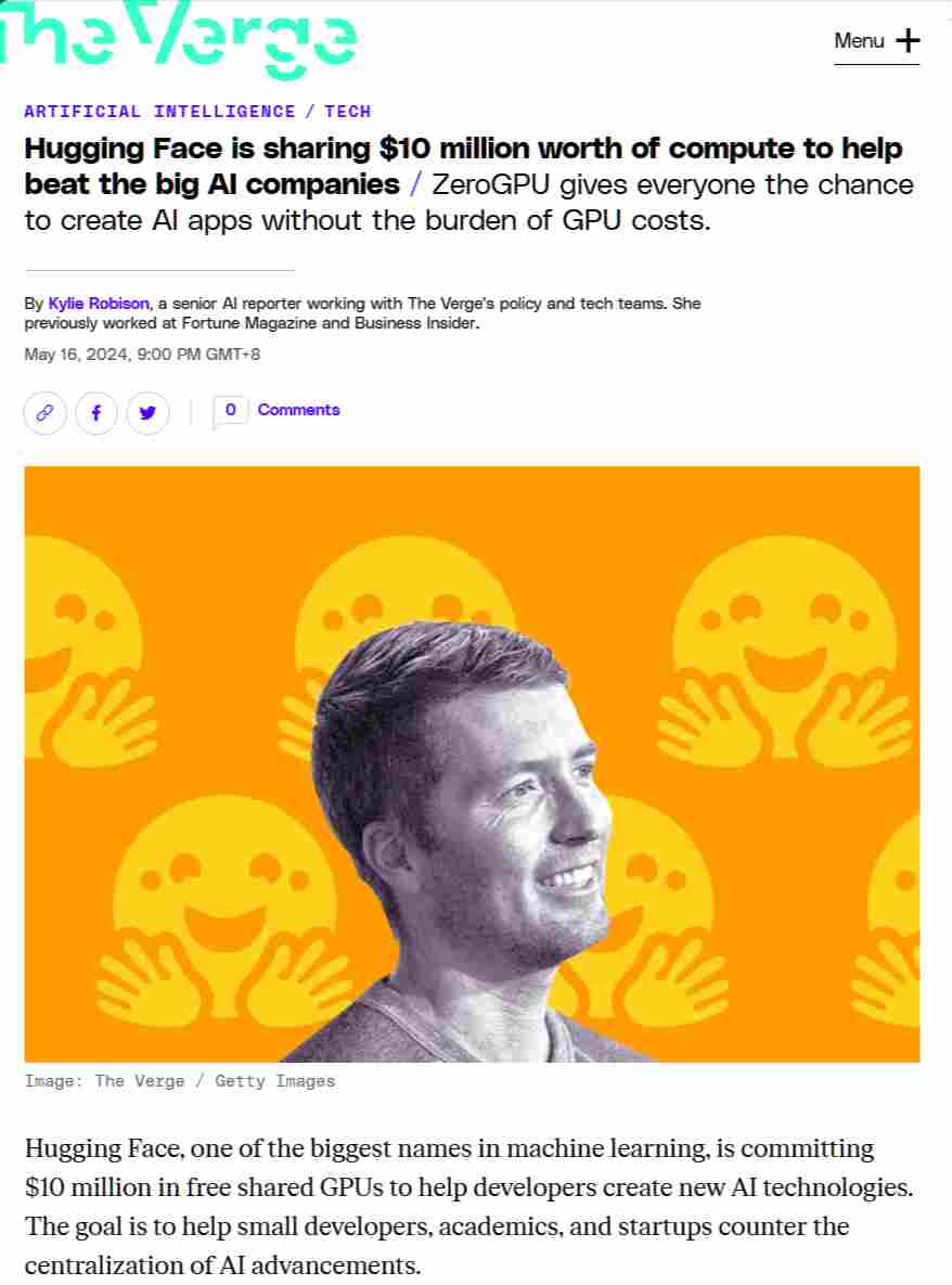 世界最大开源 AI 社区 Hugging Face 将免费提供 1000 万美元共享 GPU，帮助小企业对抗大公司