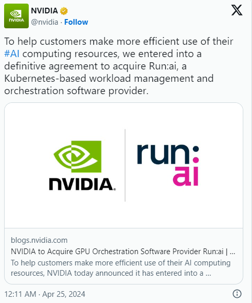 英伟达斥资7亿美元收购Run:ai，进一步巩固在AI领域地位