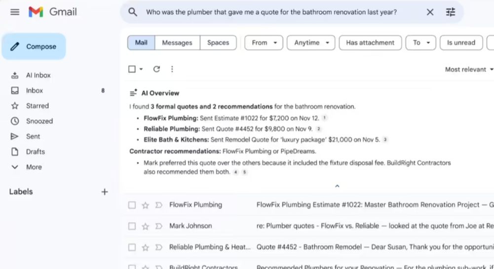 谷歌将 Gemini AI 助理引入 Gmail，可提供对话摘要、问答等功能