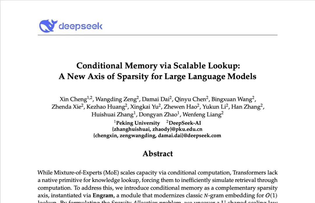 梁文锋署名新论文曝光:DeepSeek V4 或引入全新记忆架构 梁文锋署名新论文曝光:DeepSeek V4 或引入全新记忆架构